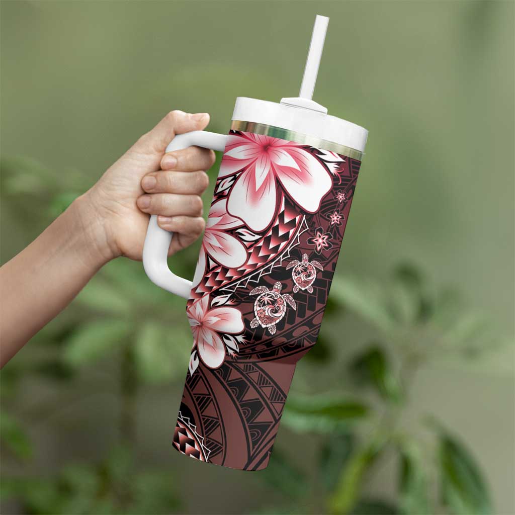 Polynesia Romantic Valentine Tumbler With Handle Sea Turtle Couple With Red Gradient Plumeria