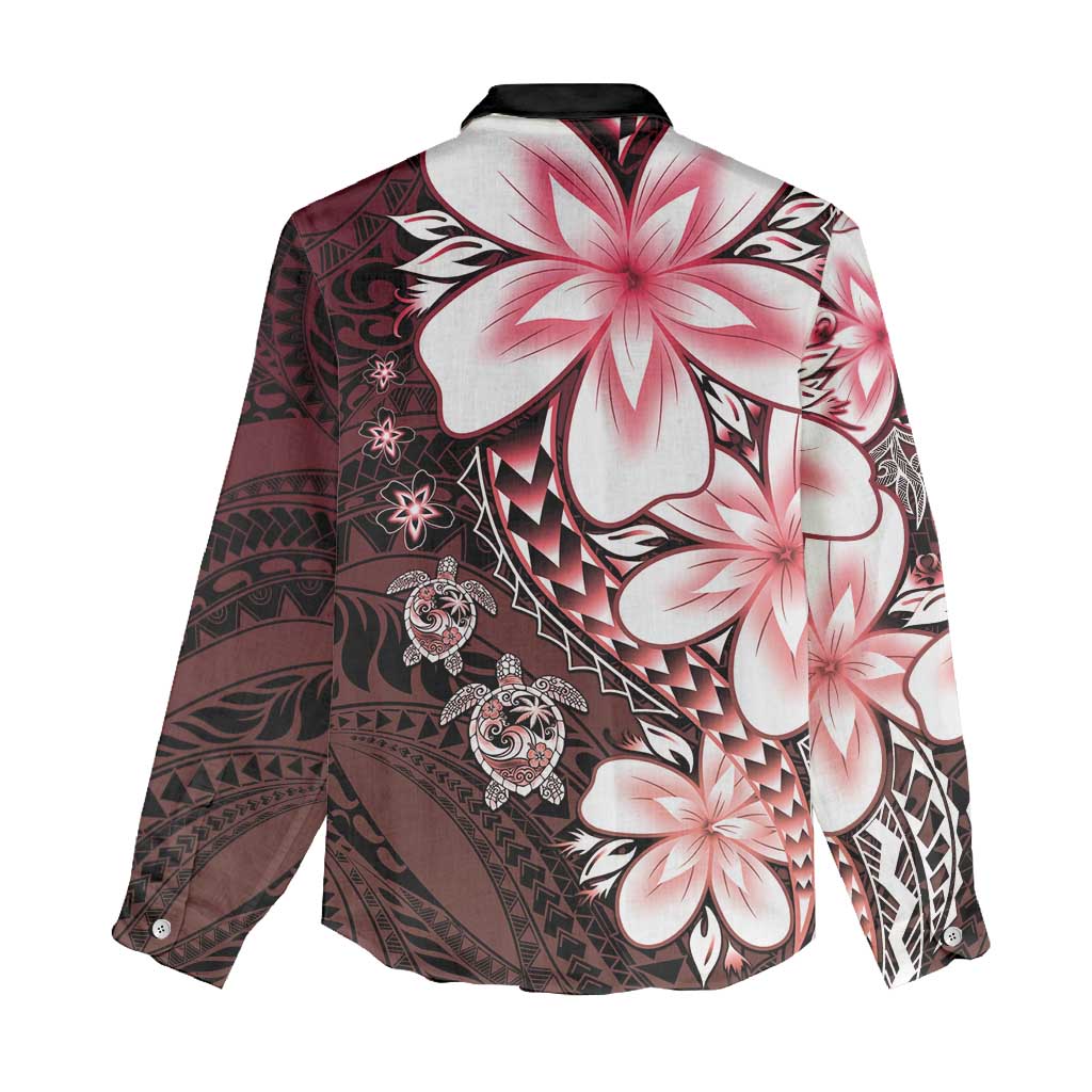 Polynesia Romantic Valentine Women Casual Shirt Sea Turtle Couple With Red Gradient Plumeria