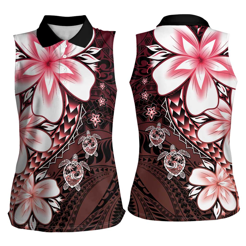 Polynesia Romantic Valentine Women Sleeveless Polo Shirt Sea Turtle Couple With Red Gradient Plumeria