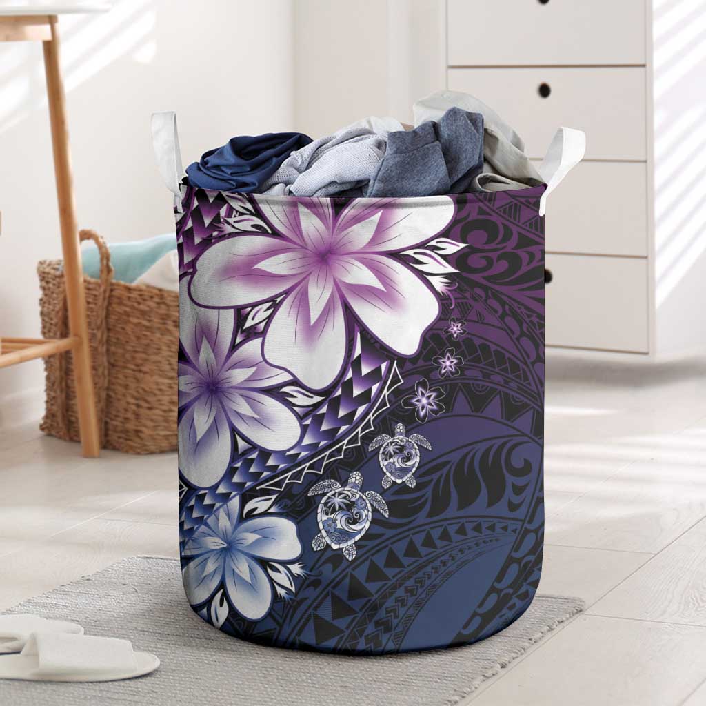 Polynesia Romantic Valentine Laundry Basket Sea Turtle Couple With Purple Gradient Plumeria