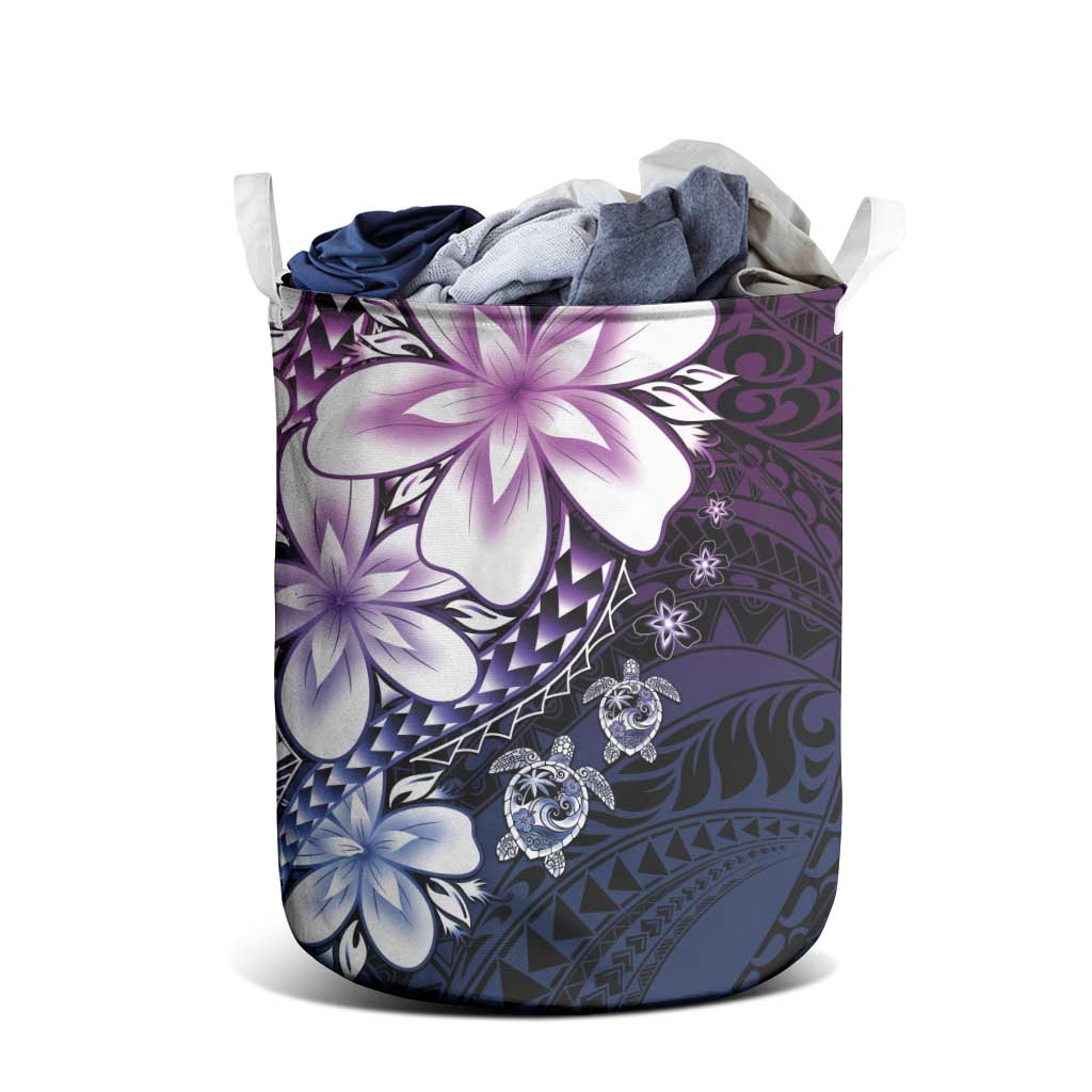 Polynesia Romantic Valentine Laundry Basket Sea Turtle Couple With Purple Gradient Plumeria