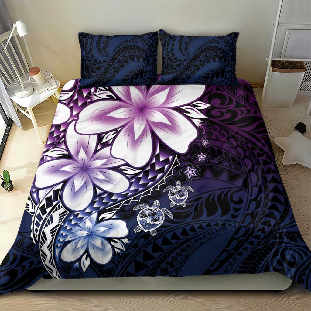 Polynesia Romantic Valentine Bedding Set Sea Turtle Couple With Purple Gradient Plumeria