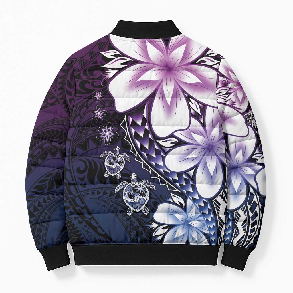Polynesia Romantic Valentine Bomber Puffer Jacket Sea Turtle Couple With Purple Gradient Plumeria