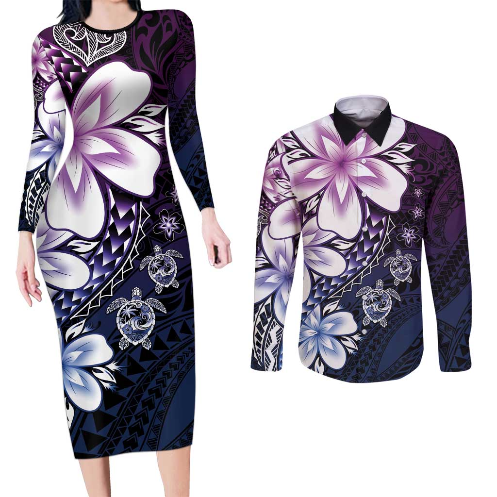 Polynesia Romantic Valentine Couples Matching Long Sleeve Bodycon Dress and Long Sleeve Button Shirt Sea Turtle Couple With Purple Gradient Plumeria