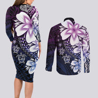 Polynesia Romantic Valentine Couples Matching Long Sleeve Bodycon Dress and Long Sleeve Button Shirt Sea Turtle Couple With Purple Gradient Plumeria LT05 - Polynesian Pride