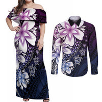 Polynesia Romantic Valentine Couples Matching Off Shoulder Maxi Dress and Long Sleeve Button Shirt Sea Turtle Couple With Purple Gradient Plumeria LT05 Purple - Polynesian Pride