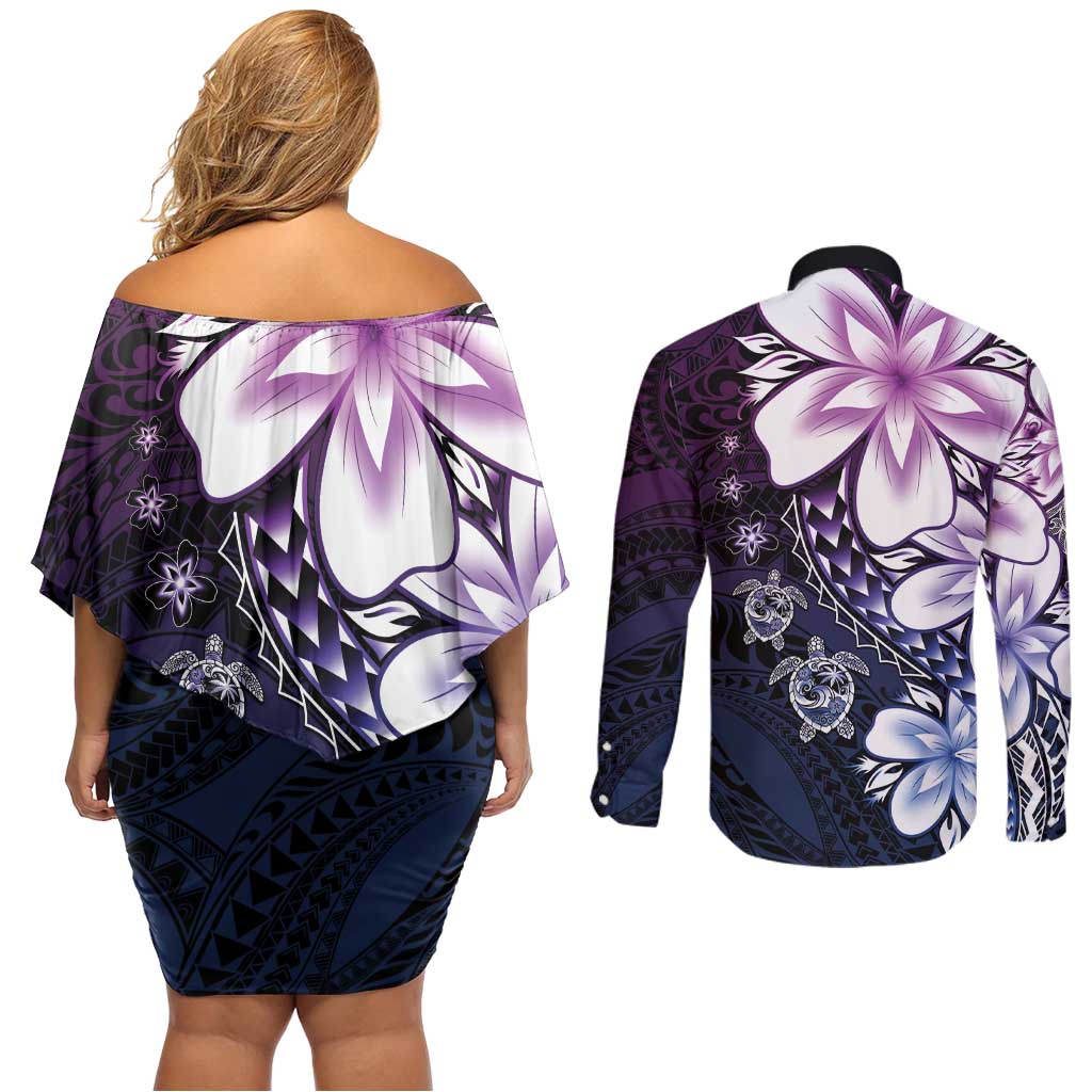 Polynesia Romantic Valentine Couples Matching Off Shoulder Short Dress and Long Sleeve Button Shirt Sea Turtle Couple With Purple Gradient Plumeria LT05 - Polynesian Pride