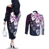 Polynesia Romantic Valentine Couples Matching Off The Shoulder Long Sleeve Dress and Long Sleeve Button Shirt Sea Turtle Couple With Purple Gradient Plumeria LT05 - Polynesian Pride