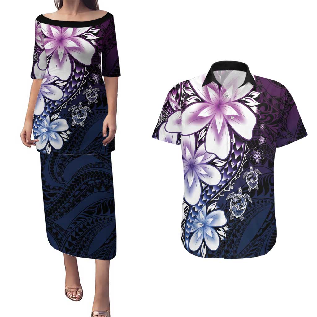 Polynesia Romantic Valentine Couples Matching Puletasi and Hawaiian Shirt Sea Turtle Couple With Purple Gradient Plumeria LT05 Purple - Polynesian Pride