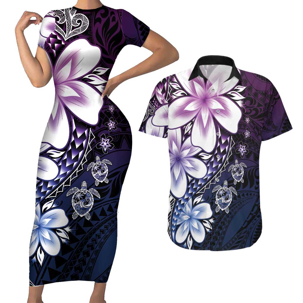 Polynesia Romantic Valentine Couples Matching Short Sleeve Bodycon Dress and Hawaiian Shirt Sea Turtle Couple With Purple Gradient Plumeria LT05 Purple - Polynesian Pride