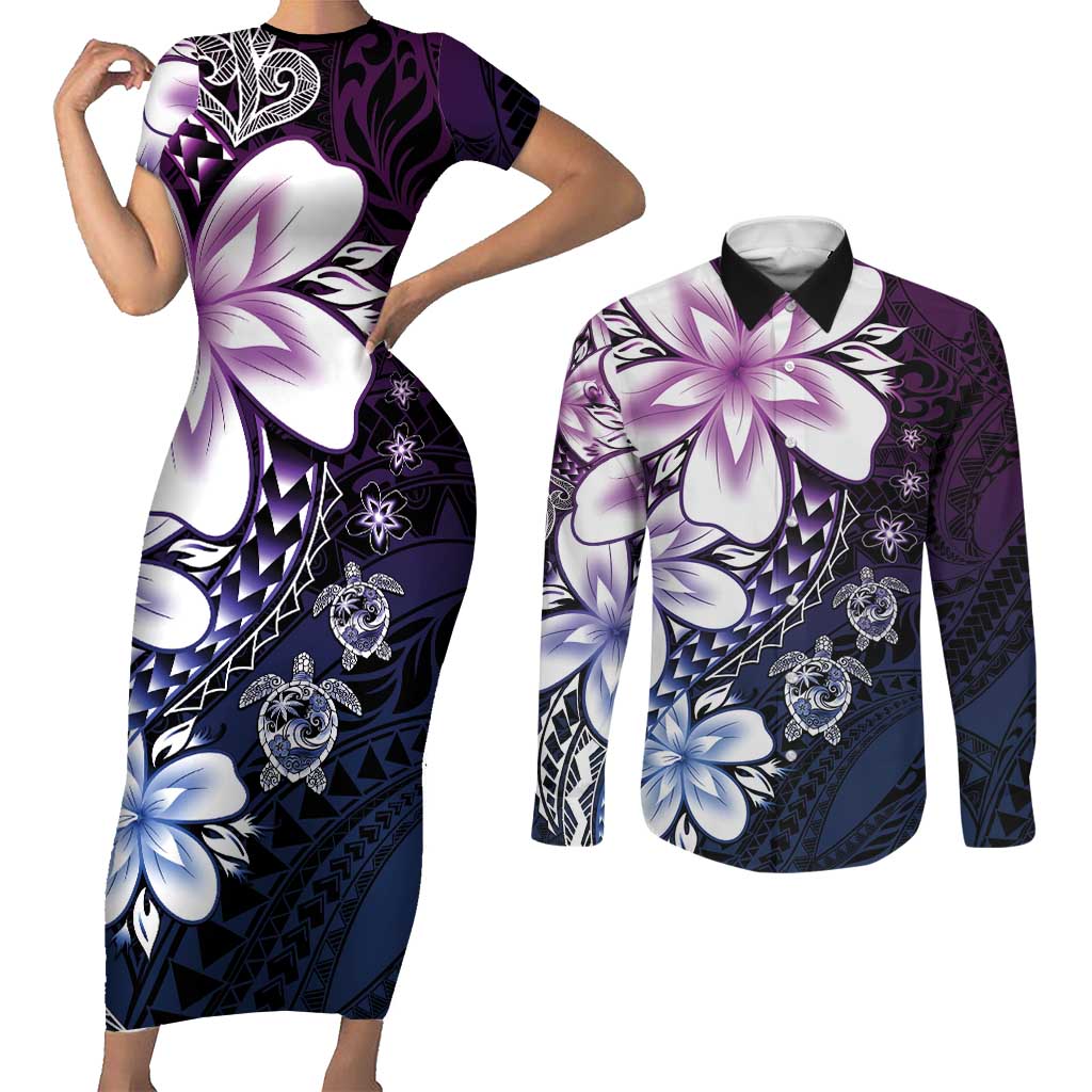 Polynesia Romantic Valentine Couples Matching Short Sleeve Bodycon Dress and Long Sleeve Button Shirt Sea Turtle Couple With Purple Gradient Plumeria LT05 Purple - Polynesian Pride