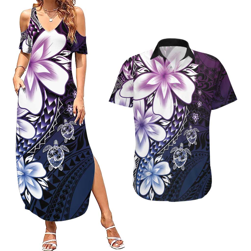 Polynesia Romantic Valentine Couples Matching Summer Maxi Dress and Hawaiian Shirt Sea Turtle Couple With Purple Gradient Plumeria LT05 Purple - Polynesian Pride