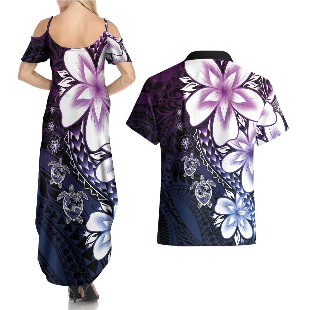 Polynesia Romantic Valentine Couples Matching Summer Maxi Dress and Hawaiian Shirt Sea Turtle Couple With Purple Gradient Plumeria LT05 - Polynesian Pride