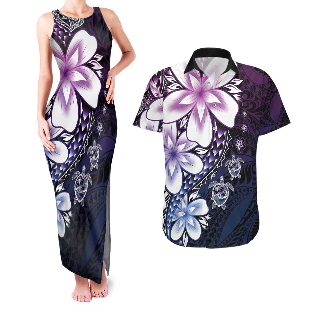 Polynesia Romantic Valentine Couples Matching Tank Maxi Dress and Hawaiian Shirt Sea Turtle Couple With Purple Gradient Plumeria LT05 Purple - Polynesian Pride