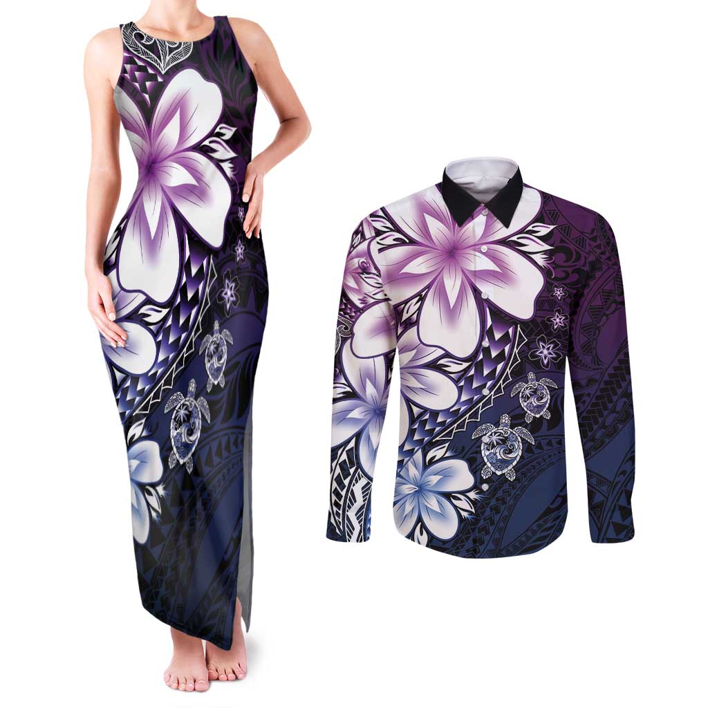 Polynesia Romantic Valentine Couples Matching Tank Maxi Dress and Long Sleeve Button Shirt Sea Turtle Couple With Purple Gradient Plumeria LT05 Purple - Polynesian Pride