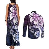 Polynesia Romantic Valentine Couples Matching Tank Maxi Dress and Long Sleeve Button Shirt Sea Turtle Couple With Purple Gradient Plumeria LT05 - Polynesian Pride