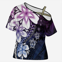 Polynesia Romantic Valentine Cross Shoulder Shirt Sea Turtle Couple With Purple Gradient Plumeria