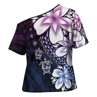 Polynesia Romantic Valentine Cross Shoulder Shirt Sea Turtle Couple With Purple Gradient Plumeria