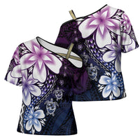Polynesia Romantic Valentine Cross Shoulder Shirt Sea Turtle Couple With Purple Gradient Plumeria