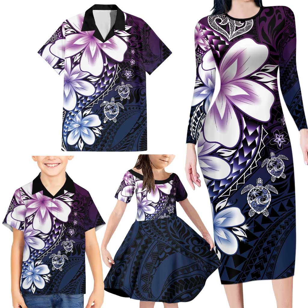 Polynesia Romantic Valentine Family Matching Long Sleeve Bodycon Dress and Hawaiian Shirt Sea Turtle Couple With Purple Gradient Plumeria LT05 - Polynesian Pride
