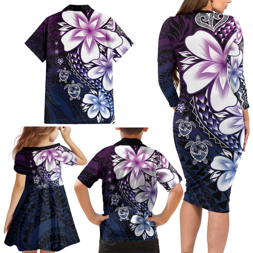 Polynesia Romantic Valentine Family Matching Long Sleeve Bodycon Dress and Hawaiian Shirt Sea Turtle Couple With Purple Gradient Plumeria LT05 - Polynesian Pride