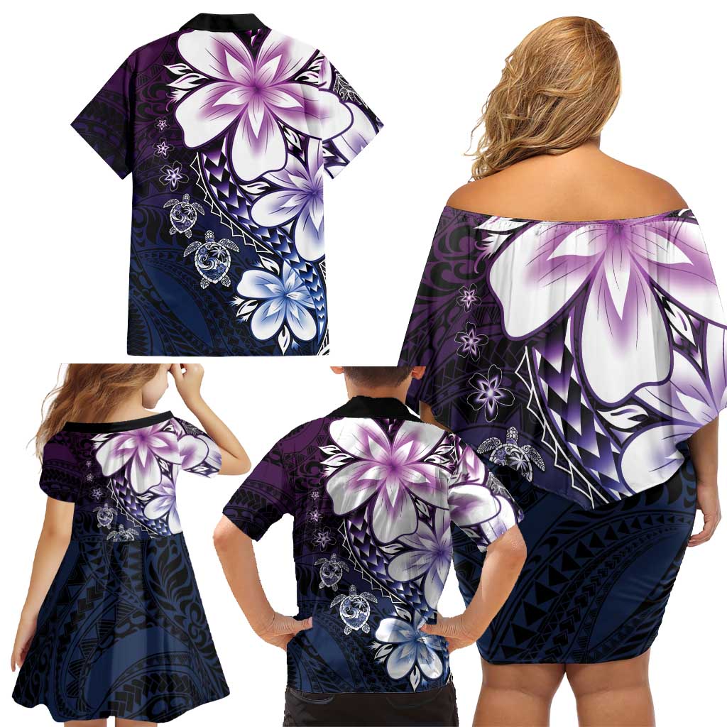Polynesia Romantic Valentine Family Matching Off Shoulder Short Dress and Hawaiian Shirt Sea Turtle Couple With Purple Gradient Plumeria LT05 - Polynesian Pride