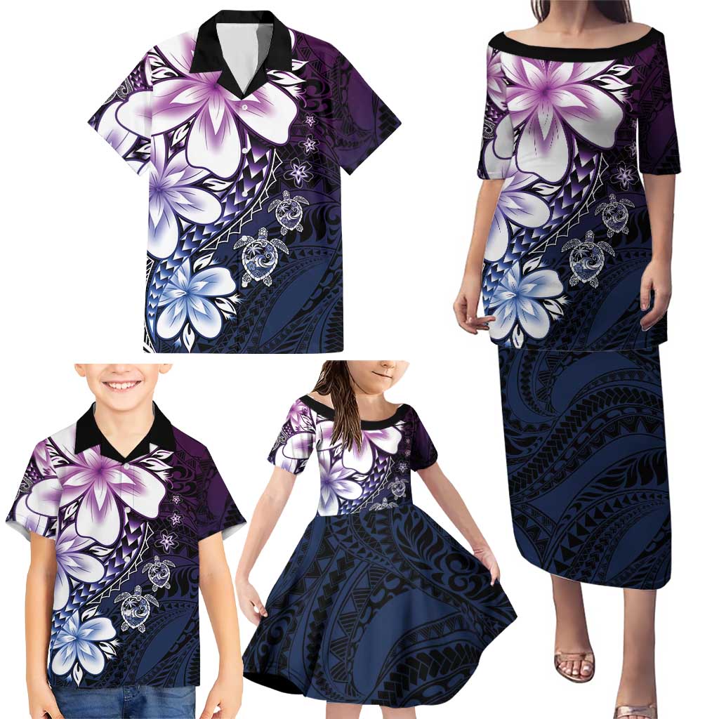 Polynesia Romantic Valentine Family Matching Puletasi and Hawaiian Shirt Sea Turtle Couple With Purple Gradient Plumeria LT05 - Polynesian Pride