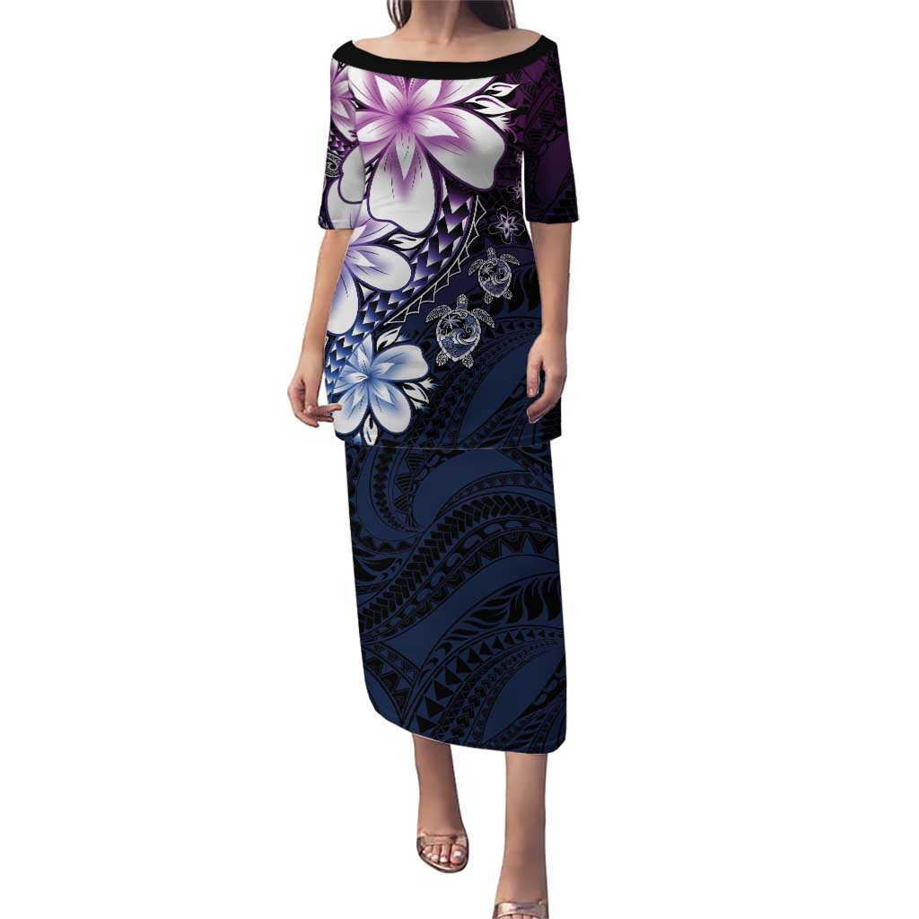 Polynesia Romantic Valentine Family Matching Puletasi and Hawaiian Shirt Sea Turtle Couple With Purple Gradient Plumeria LT05 Mom's Dress Purple - Polynesian Pride