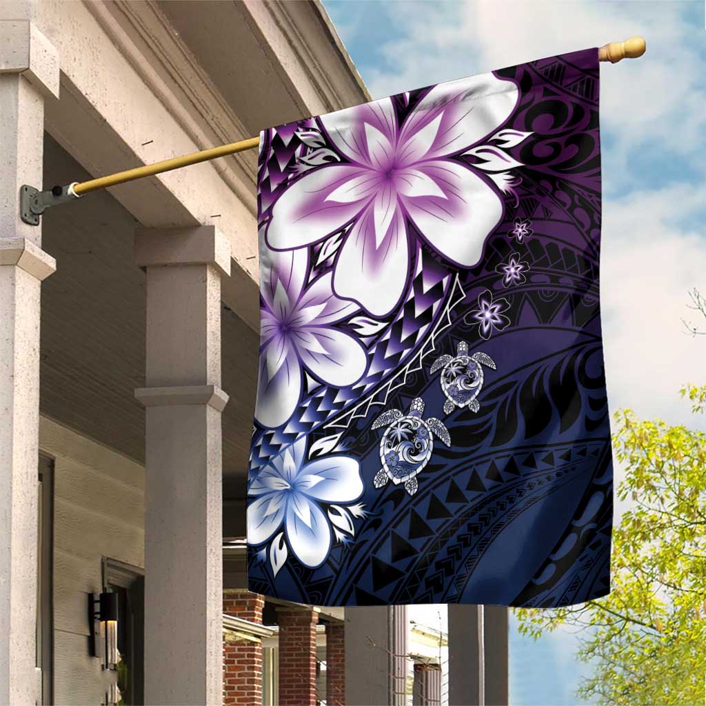 Polynesia Romantic Valentine Garden Flag Sea Turtle Couple With Purple Gradient Plumeria