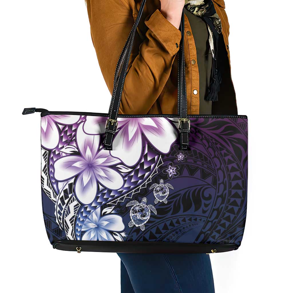 Polynesia Romantic Valentine Leather Tote Bag Sea Turtle Couple With Purple Gradient Plumeria