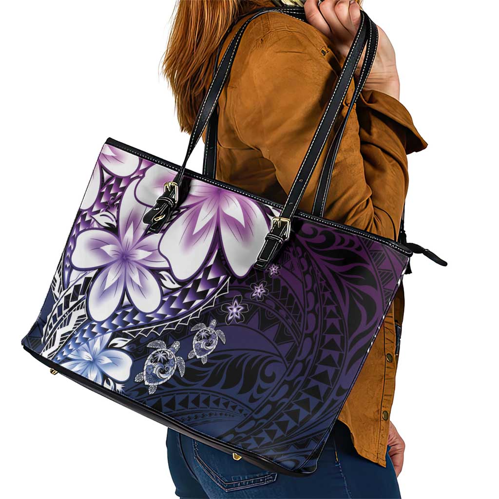 Polynesia Romantic Valentine Leather Tote Bag Sea Turtle Couple With Purple Gradient Plumeria