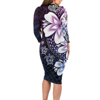 Polynesia Romantic Valentine Long Sleeve Bodycon Dress Sea Turtle Couple With Purple Gradient Plumeria