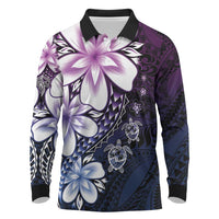Polynesia Romantic Valentine Long Sleeve Polo Shirt Sea Turtle Couple With Purple Gradient Plumeria