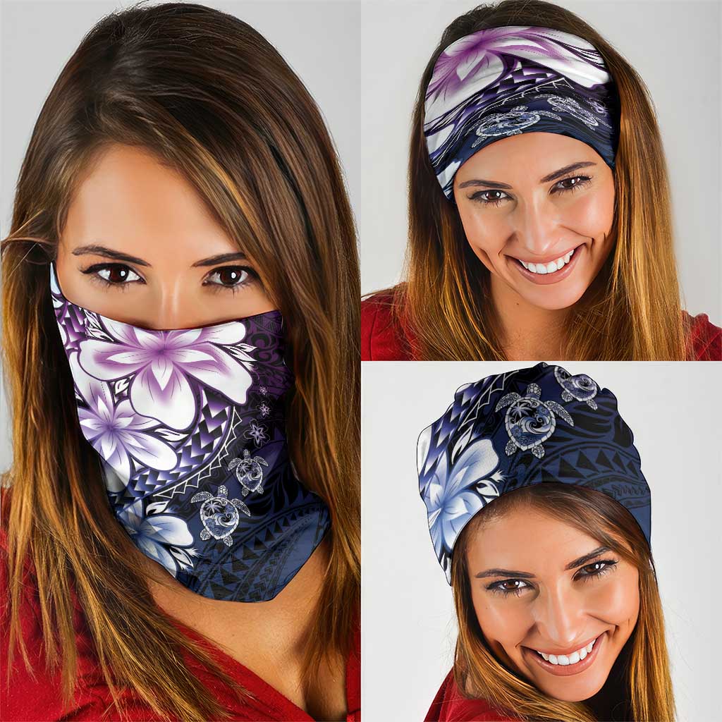 Polynesia Romantic Valentine Neck Gaiter Sea Turtle Couple With Purple Gradient Plumeria