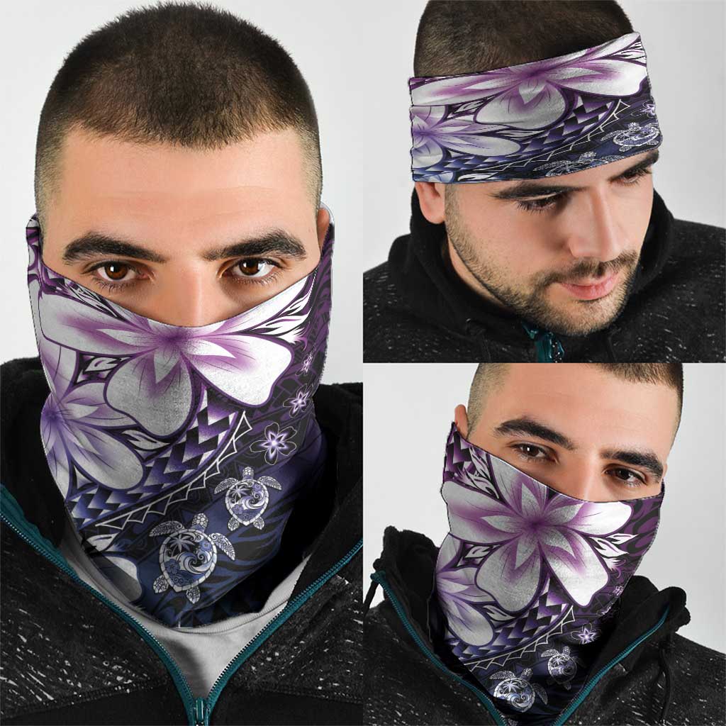 Polynesia Romantic Valentine Neck Gaiter Sea Turtle Couple With Purple Gradient Plumeria