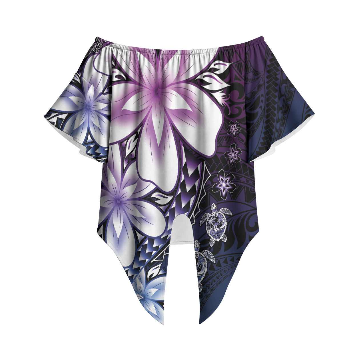 Polynesia Romantic Valentine Off Shoulder Wrap Waist Top Sea Turtle Couple With Purple Gradient Plumeria LT05 Purple - Polynesian Pride
