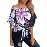 Polynesia Romantic Valentine Off Shoulder Wrap Waist Top Sea Turtle Couple With Purple Gradient Plumeria LT05 - Polynesian Pride