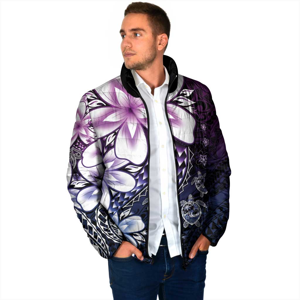 Polynesia Romantic Valentine Padded Jacket Sea Turtle Couple With Purple Gradient Plumeria