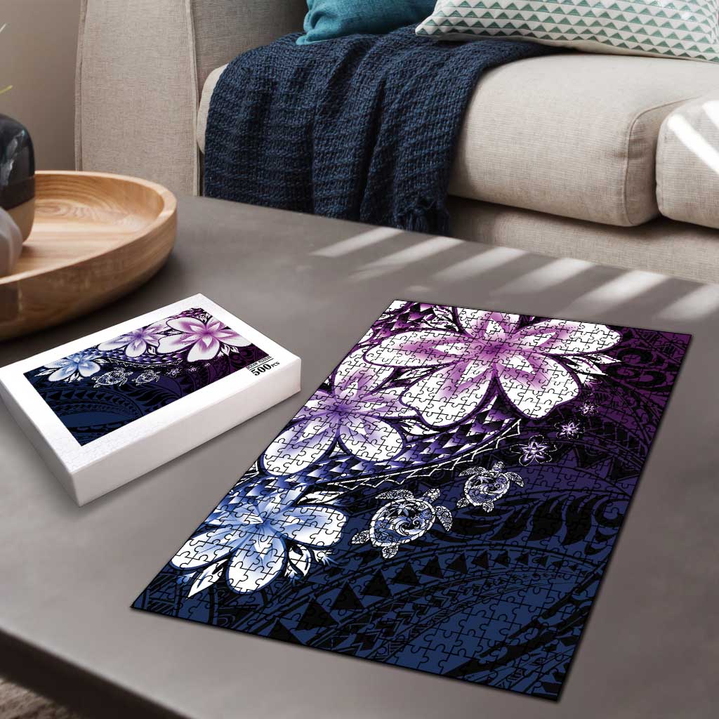 Polynesia Romantic Valentine Puzzle Sea Turtle Couple With Purple Gradient Plumeria