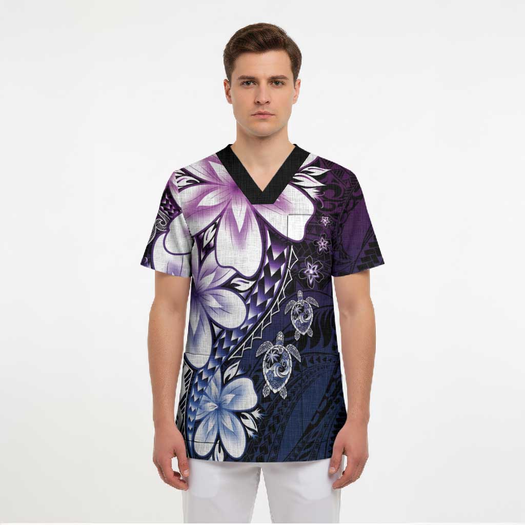 Polynesia Romantic Valentine Scrub Top Sea Turtle Couple With Purple Gradient Plumeria