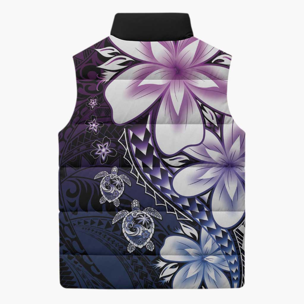 Polynesia Romantic Valentine Sleeveless Puffer Jacket Sea Turtle Couple With Purple Gradient Plumeria