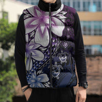 Polynesia Romantic Valentine Sleeveless Puffer Jacket Sea Turtle Couple With Purple Gradient Plumeria
