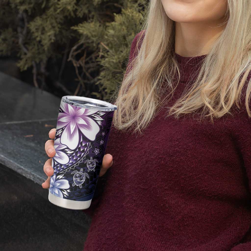 Polynesia Romantic Valentine Tumbler Cup Sea Turtle Couple With Purple Gradient Plumeria