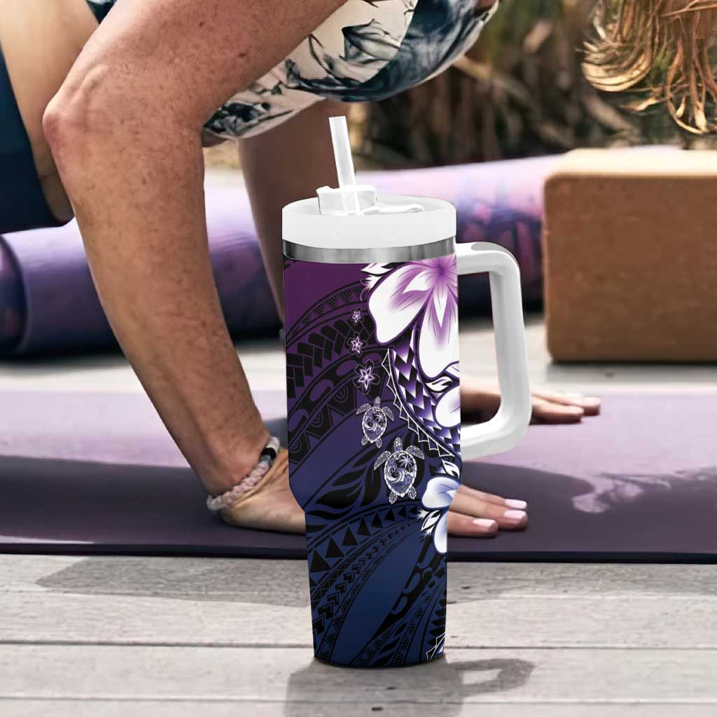 Polynesia Romantic Valentine Tumbler With Handle Sea Turtle Couple With Purple Gradient Plumeria