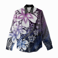Polynesia Romantic Valentine Women Casual Shirt Sea Turtle Couple With Purple Gradient Plumeria