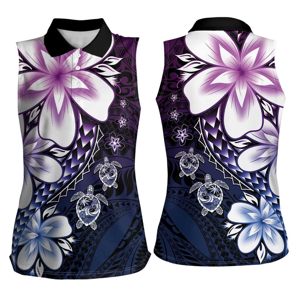 Polynesia Romantic Valentine Women Sleeveless Polo Shirt Sea Turtle Couple With Purple Gradient Plumeria LT05 - Polynesian Pride