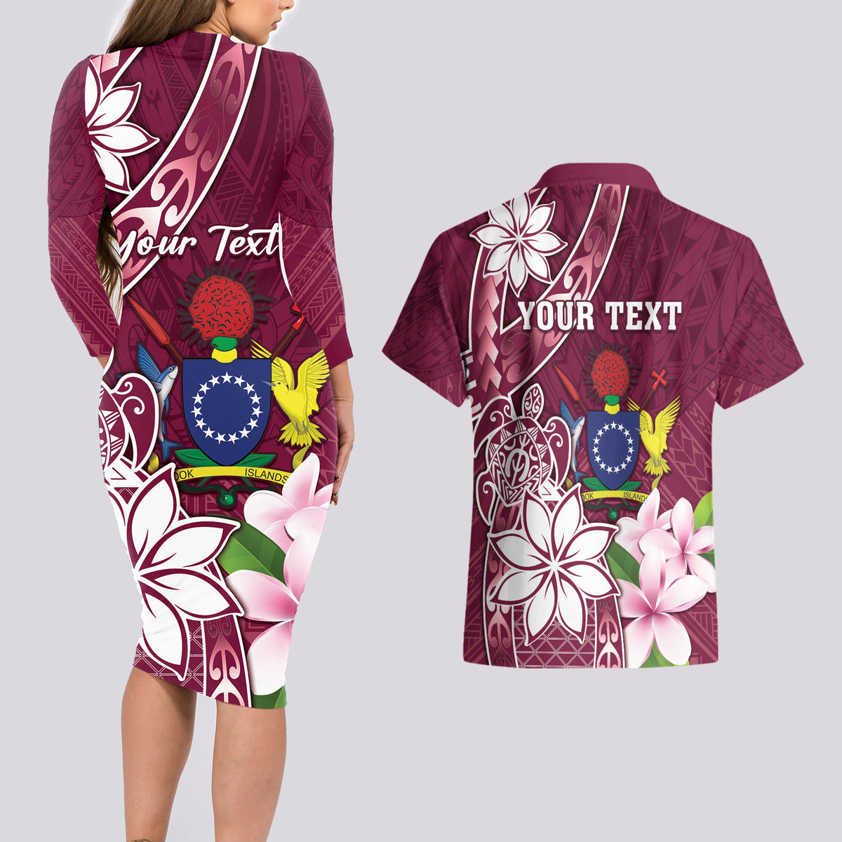 Personalised Cook Island Mangaia Gospel Day Couples Matching Long Sleeve Bodycon Dress and Hawaiian Shirt Floral Tribal Pattern LT05 - Polynesian Pride