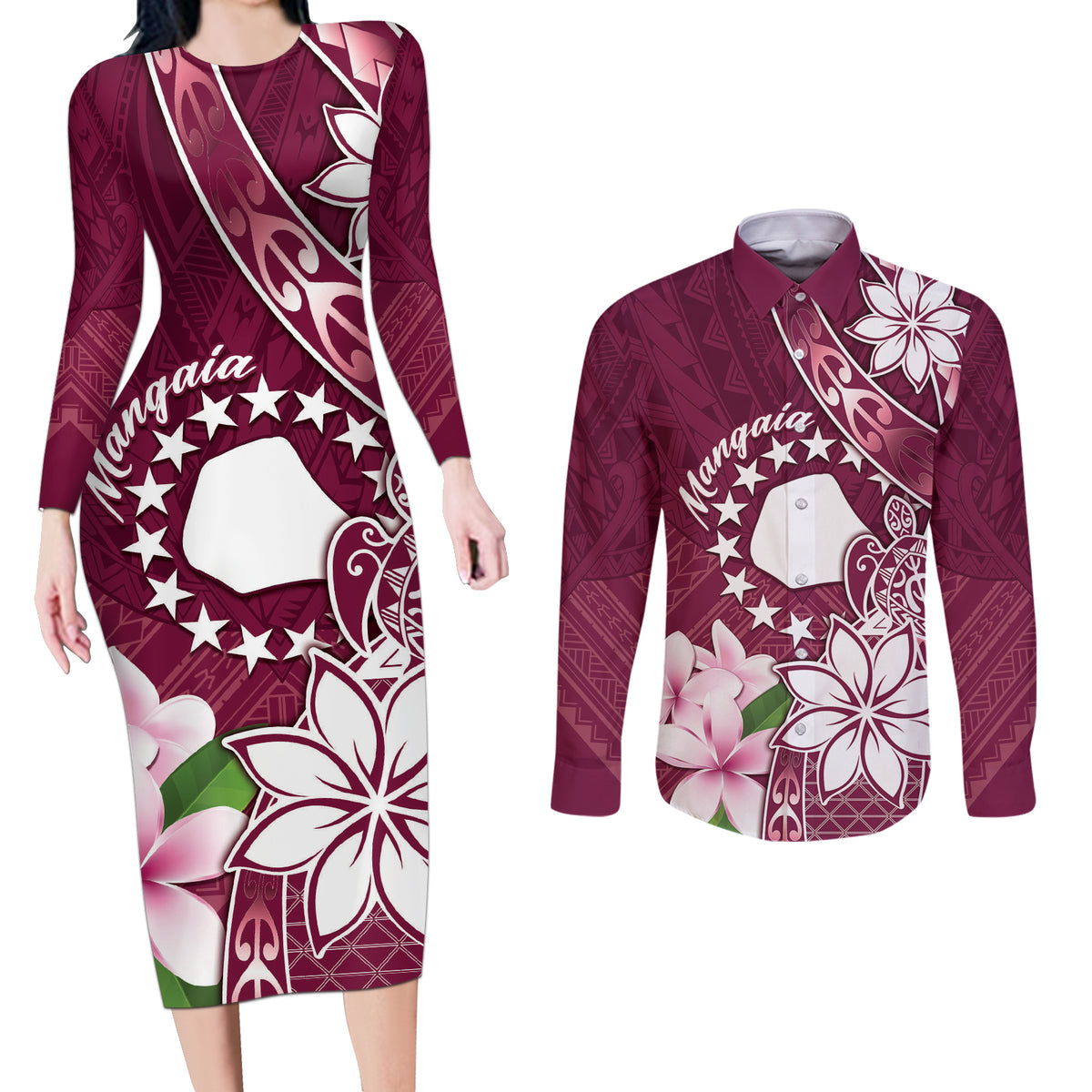 Personalised Cook Island Mangaia Gospel Day Couples Matching Long Sleeve Bodycon Dress and Long Sleeve Button Shirt Floral Tribal Pattern LT05 Maroon - Polynesian Pride