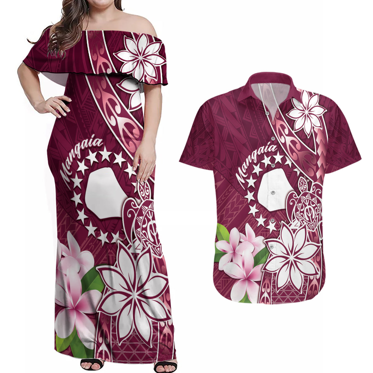 Personalised Cook Island Mangaia Gospel Day Couples Matching Off Shoulder Maxi Dress and Hawaiian Shirt Floral Tribal Pattern LT05 Maroon - Polynesian Pride
