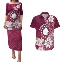 Personalised Cook Island Mangaia Gospel Day Couples Matching Puletasi and Hawaiian Shirt Floral Tribal Pattern LT05 Maroon - Polynesian Pride